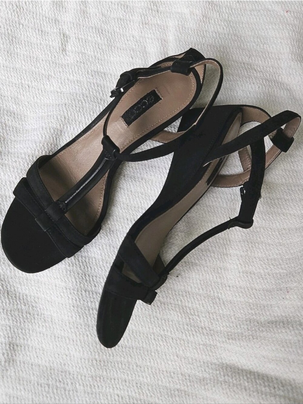 Ecco Rivas 45 Black Strappy Suede Sandals Low wedge Sz 39